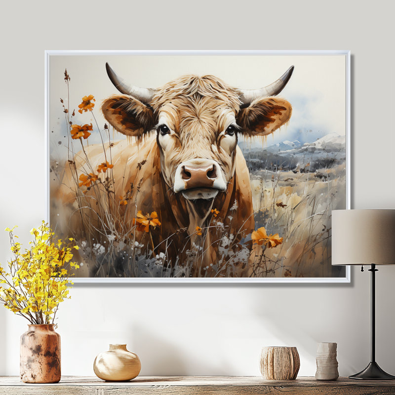 Wyre Cow In The Meadow III - impressions sur toile de vache, H 30 po x l 40 po, Reproduction avec cadre flottant, Blanc
