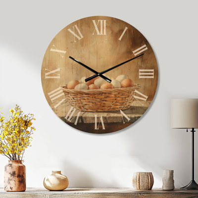 Oversized Nature Rustic Wood Wall Clock Print – Basket of Fresh Eggs Still Life