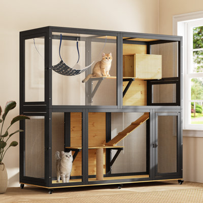 2-Tier Wooden Indoor Catio Enclosure, Black & Yellow