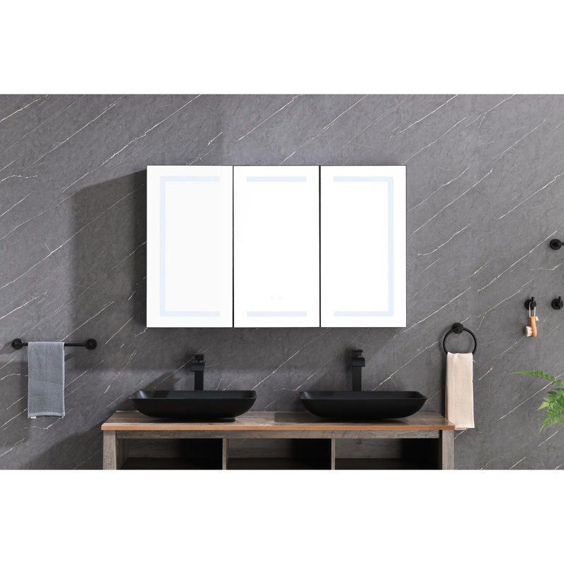 Armoire de salle de bain 48 po x 30 po avec DEL, miroir, douilles, intensité variable, brouillard, facteur de séjour en aluminium noir mat