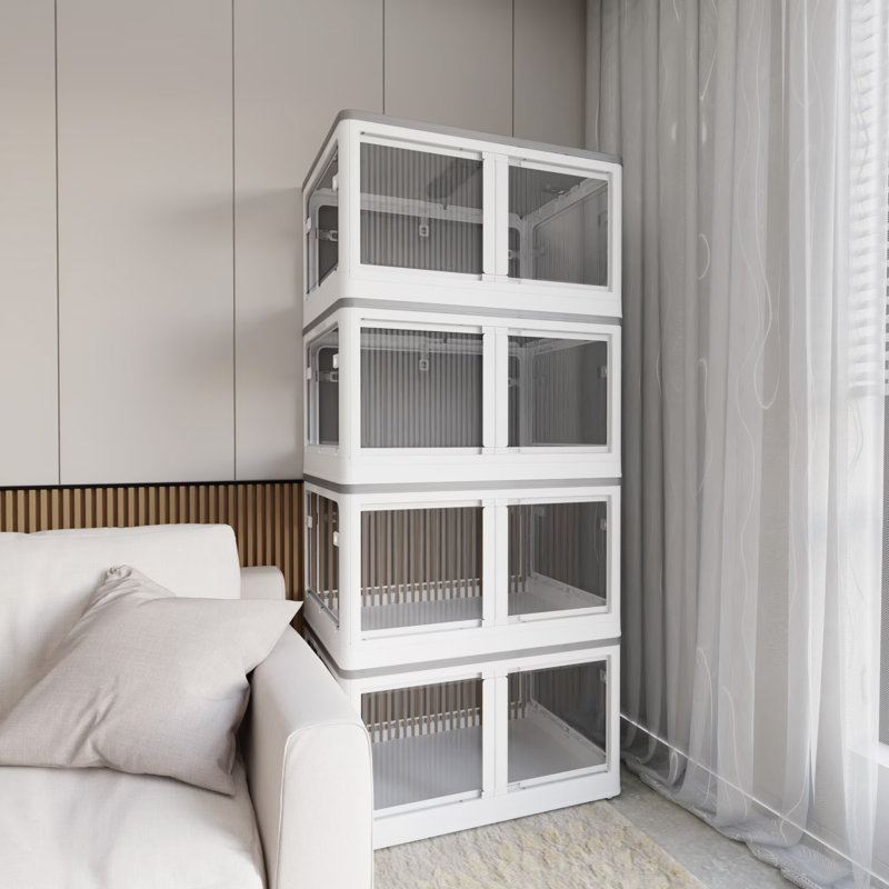 Organisateur de rangement empilable en plastique à 4 niveaux, 4, Blanc / Blanc