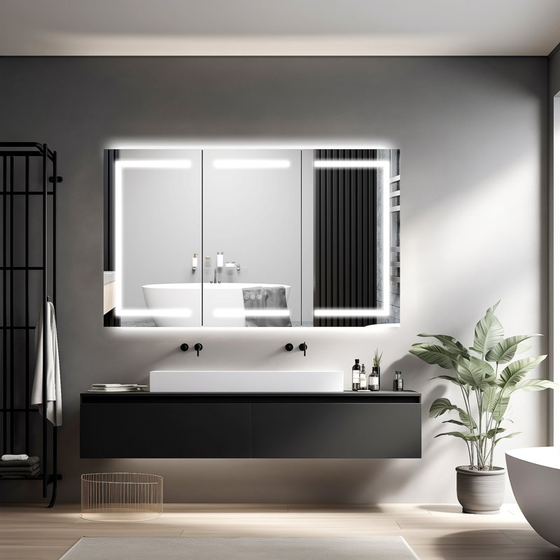 Armoire à pharmacie 60 po x 36 po à DEL avec miroir, douilles et tablettes en verre réglables, à intensité variable, anti-buée