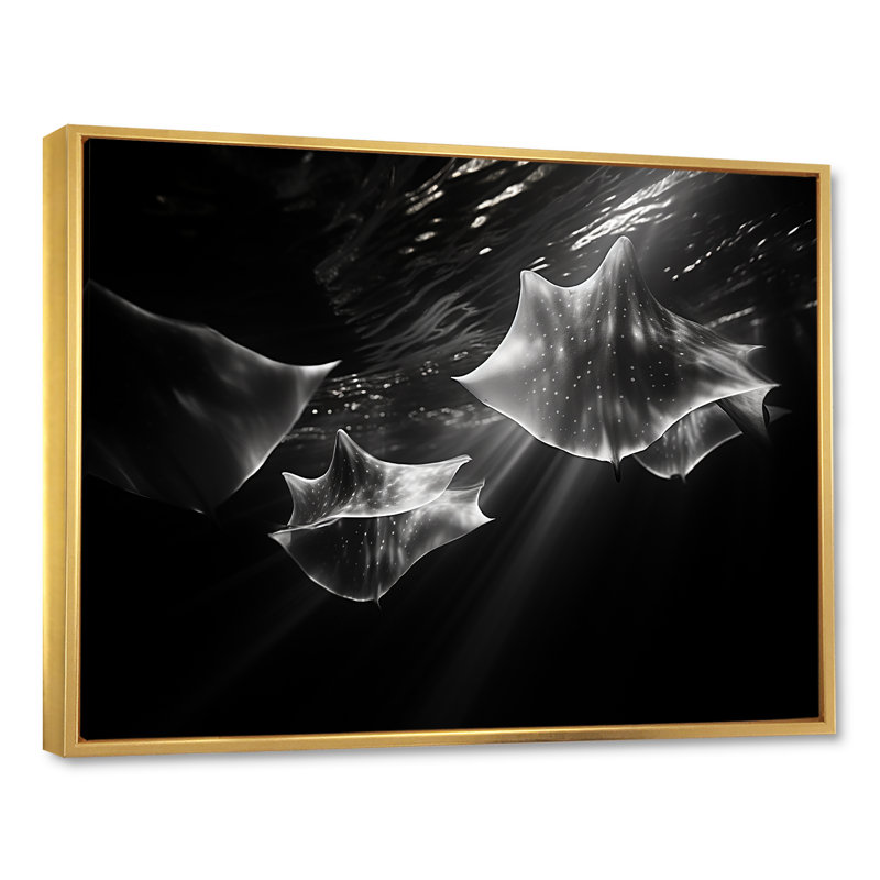 Under Water Abstract Manta Dance sur toile, H 24 po x l 32 po x P 1 po, Cadre flottant doré