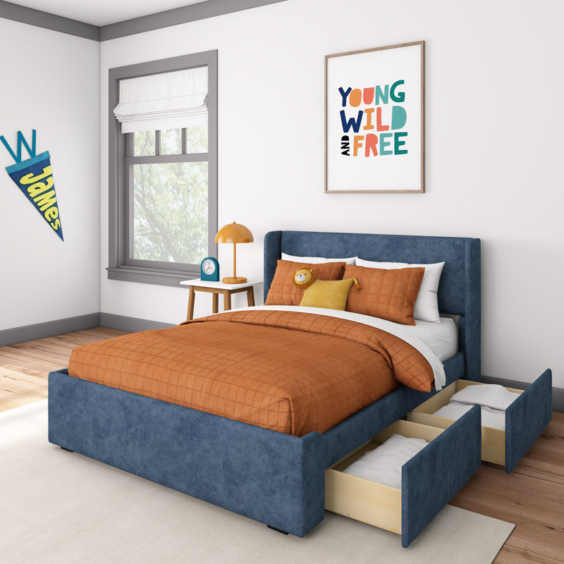 Lit rembourré en bois massif avec tête de lit rectangulaire avec rangement latéral à 2 tiroirs, Bleu, Double