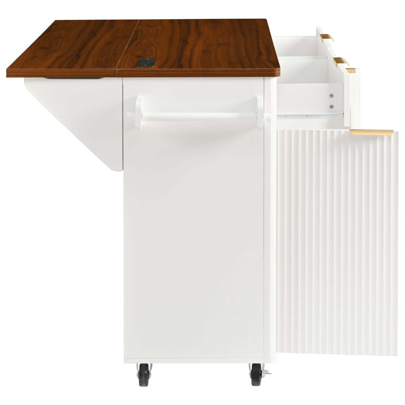 Versatile Fluted Kitchen Island With Drop Leaf, Power Outlet, And Ample Storage For Enhanced Cooking And Dining Experience