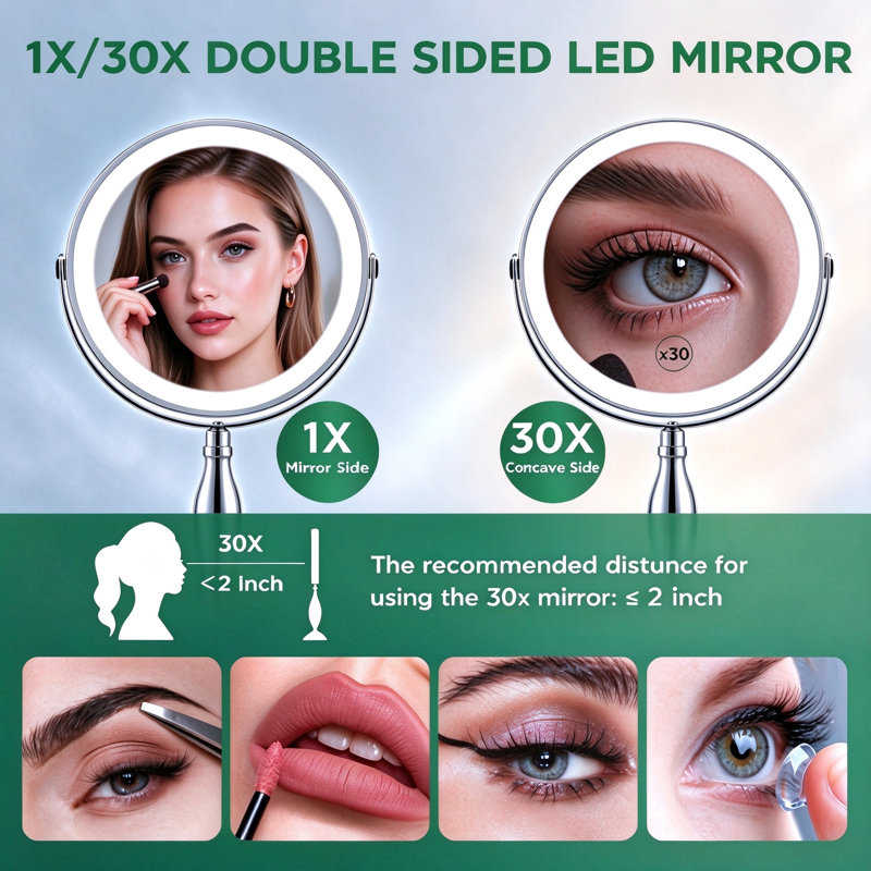 Miroir grossissant rechargeable 1x / 30x avec 3 lumières à intensité variable, miroir de maquillage rond en métal, chrome