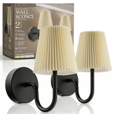 Ensemble de 2 appliques murales rechargeables Bell + Howell avec abat-jour plissé et intensité variable - noir