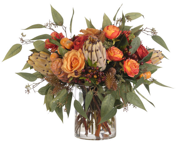 Rose Protea, Orange Yellow, Glass Cylinder, 22wx22dx18h
