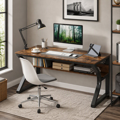 Bureau d'ordinateur de 47 po, bureau avec rangement, grand espace pour les jambes, table d'étude robuste en métal en forme de U, bureaux à domicile pour l'écriture de jeux vidéo, brun rustique