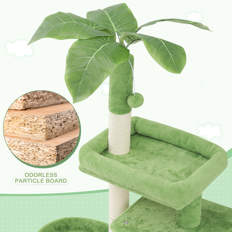 32" Green Cat Tree Tower with Leaf Design and Perch