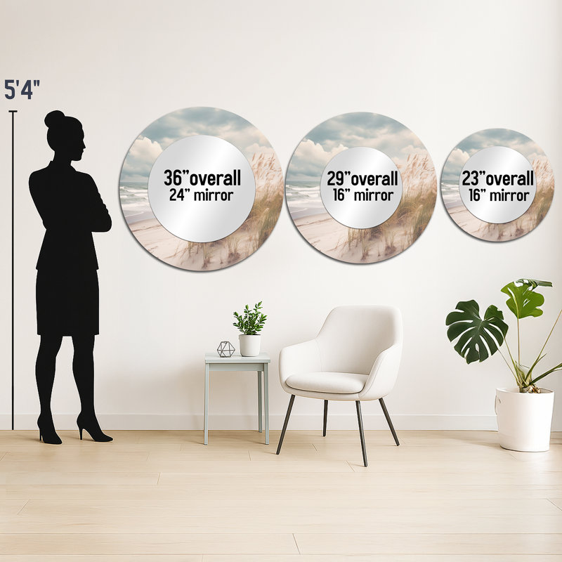 Beach Grass Landscape IV - Beach Decorative Wall Mirror, White Round Mirror, Printed Metal Art, 23" x 23"