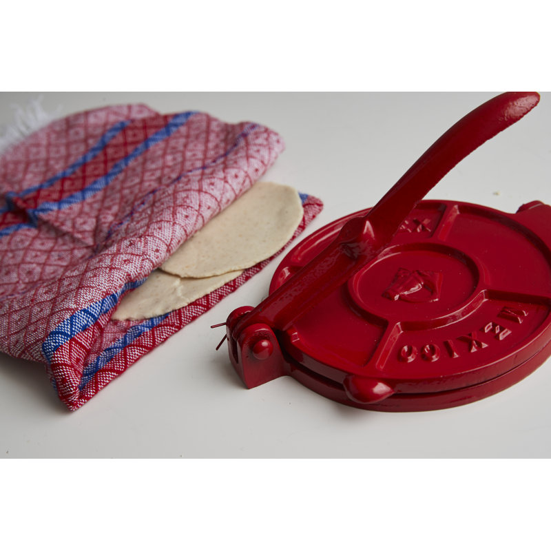 Red 6" Cast Iron Tortilla Press Kit with Napkin