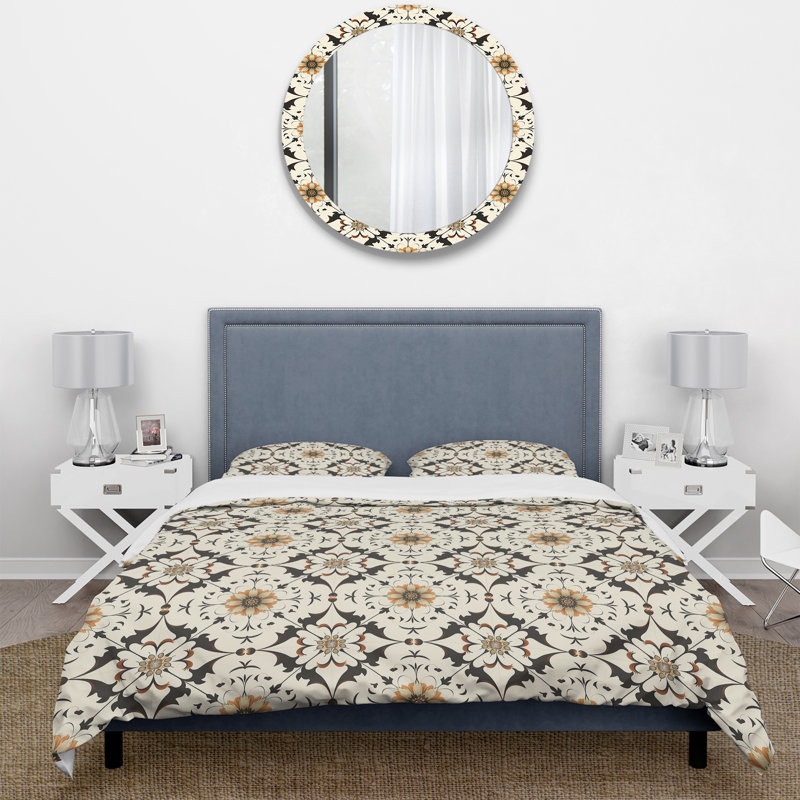 Ensemble de housse de couette à motif mosaïque noir et orange traditionnel, Housse de couette très grand + 2 très grandes ta