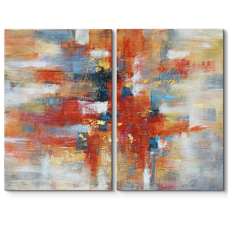 Grunge Abstract Paint Stroke Effect " Vibrant Red Graffiti Stroke Collage " 2 - Pieces, 24" H x 36" W x 2" D, Wrapped Canvas