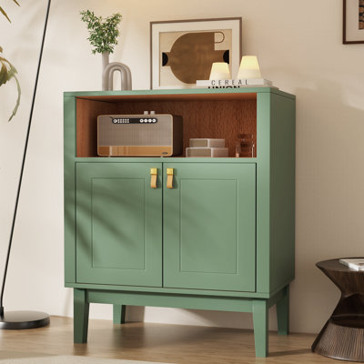 Cortize Sage Green 2-Door Accent Chest with Open Wood-Grain Shelf, Brass-Colored Hardware & Genuine Leather Loop Pulls