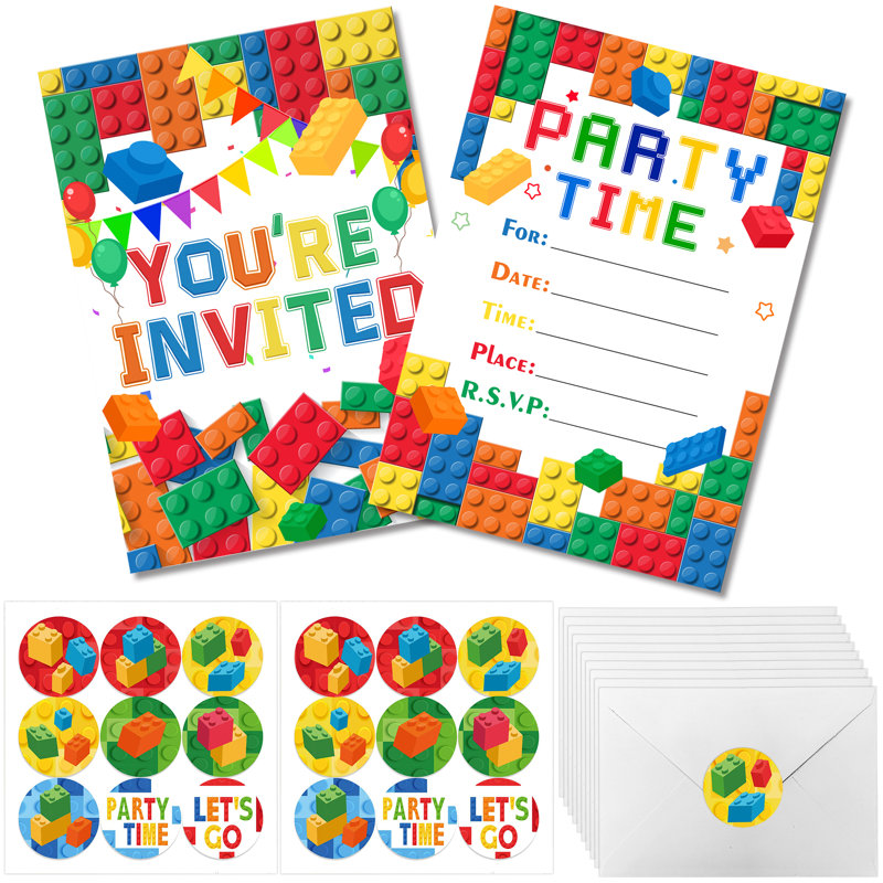Blocs de construction invitations de fête d'anniversaire, carte d'invitation fête de brique