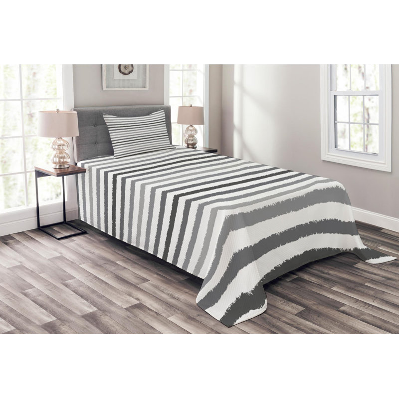 Gray and White Striped Twin Quilted Bedspread Set