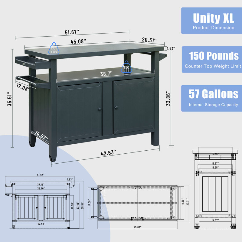 35.51'' H x 51.67'' W 3 - Cabinet Utility Cart with Wheels, Dark Gray