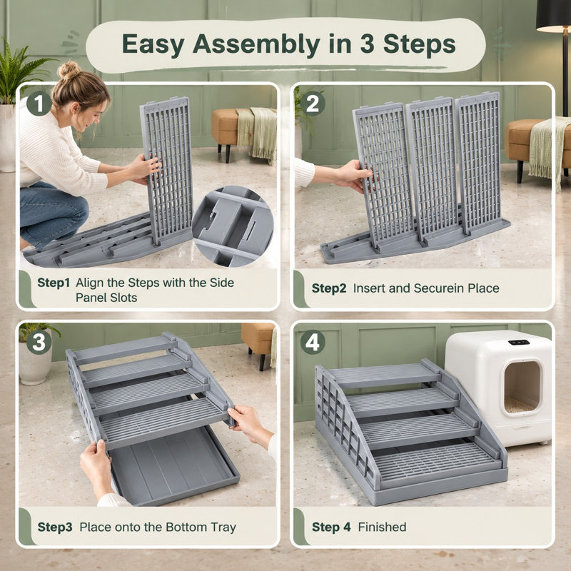 Light Grey litter-box access for small & elderly cats combines adjustable elevated steps with a ramp, filter function and anti-tracking design; the unit Fits Automatic Litter Boxes