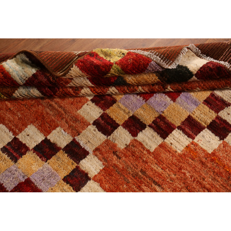 Tapis oriental marocain à carreaux orange en laine 7 x 10