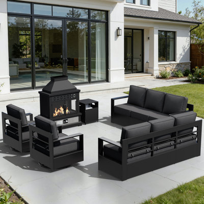 Ensemble de patio extérieur en aluminium pour 8 personnes avec foyer en sapin, support pour bouteilles de gaz, canapés, chaises pivotantes et coussins gris Abdullah