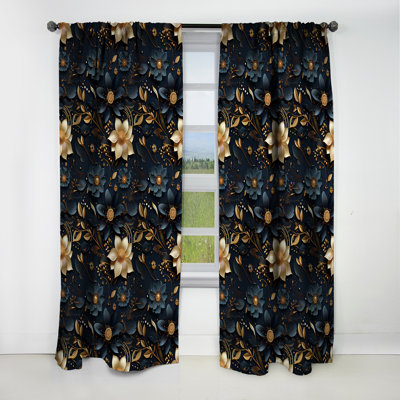 Midnight Blue Charm Gold And Black - Glam Feather Abstract Blackout Curtain - 1 Panels