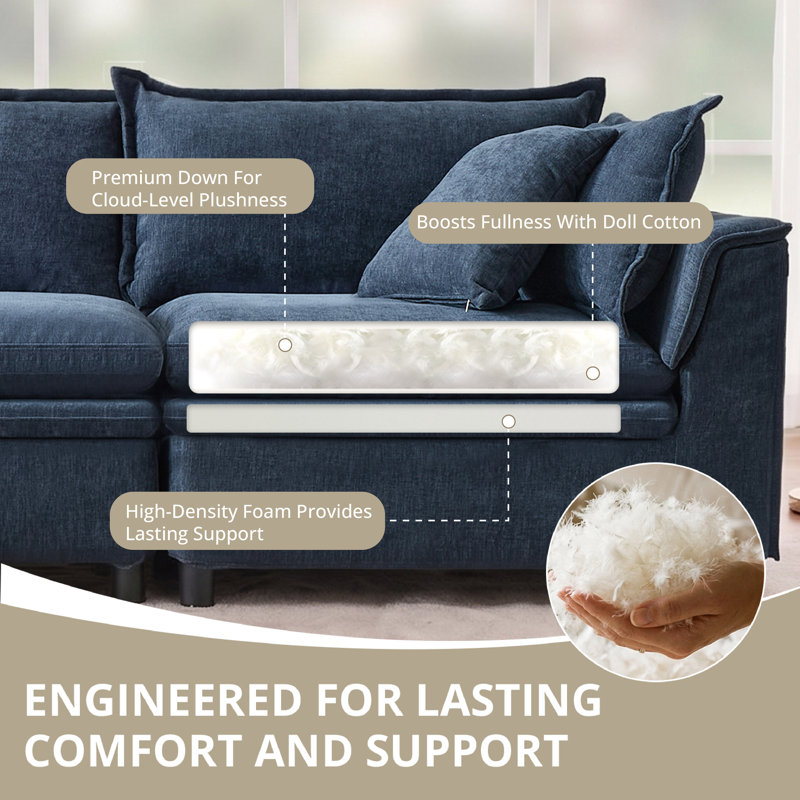 146'' Upholstered U-Shape Sectional Cloud Couch With Storage Ottoman, Blue Chenille