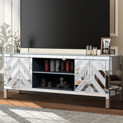 65+ Inch Tv Mirrored Cabinet, Sliver With 2 Storage Compartments & Open Area, Classic Living Room Item Cabinet For Tvs, Sections Space, Modern Choice