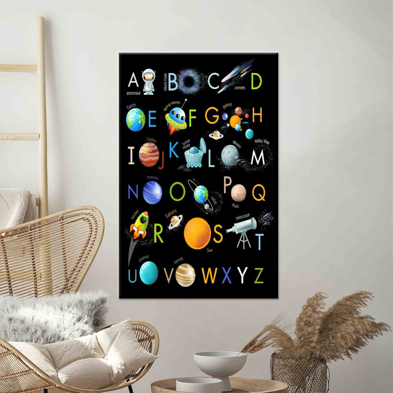 Reproduction d'art sur toile imprimée: Alphabet de l'espace pour enfants - décoration murale éducative, 1P or encadré