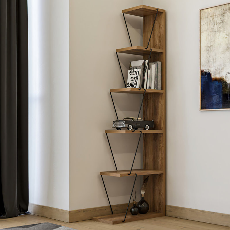 Modern Pine Bookshelf with Metal Frame, 19.7 x 59.1 x 8.7 inches | 100% Melamine Coated Particle Board, Thickness: 0.7 inches | Stylish Storage Solution for Home or Office, Sleek Design, Adjustable Shelf Height: 11.0 inches