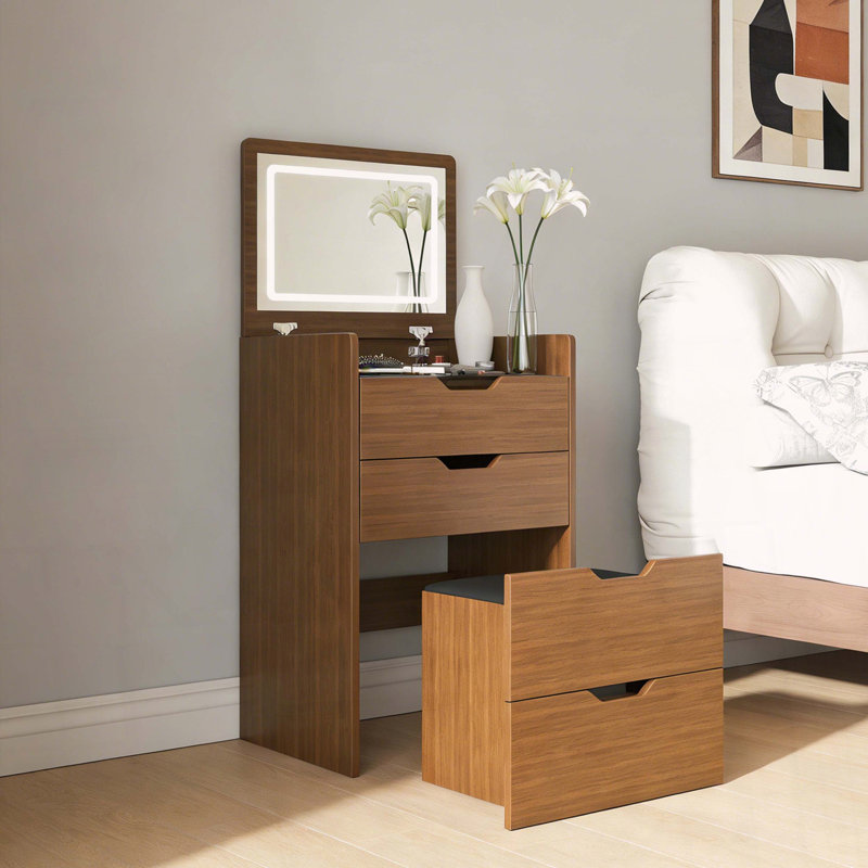 Bureau de coiffeuse 3-en-1 avec miroir lumineux et tabouret de rangement
