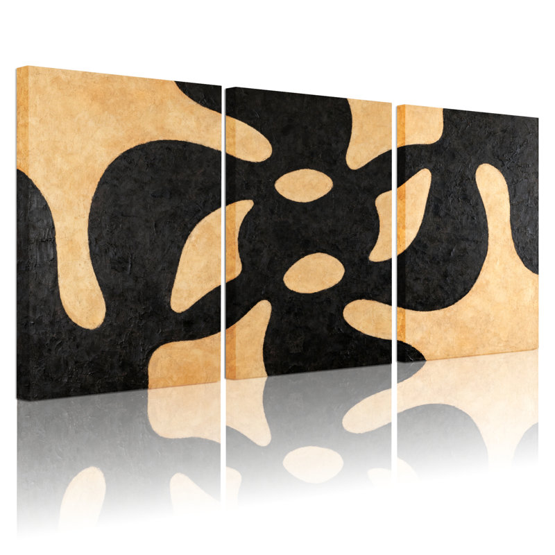 Ensemble de 3 tableaux sur toile à motif camouflage abstrait noir et beige, H 36 po x l 72 po