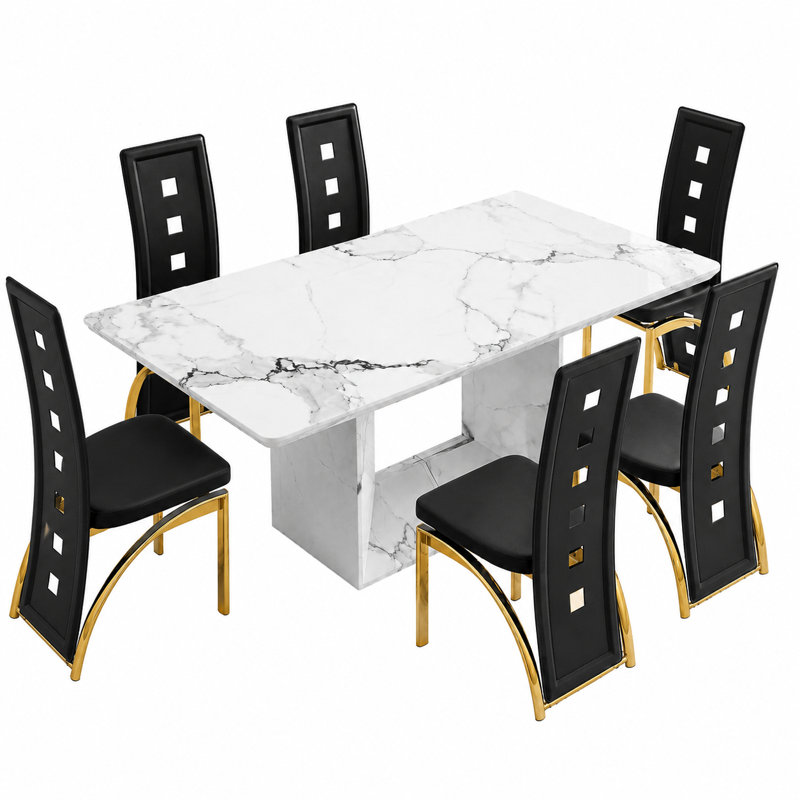 Ensemble de table de salle à manger 7 pièces rectangulaire moderne avec placage imitation marbre, Black/Gold