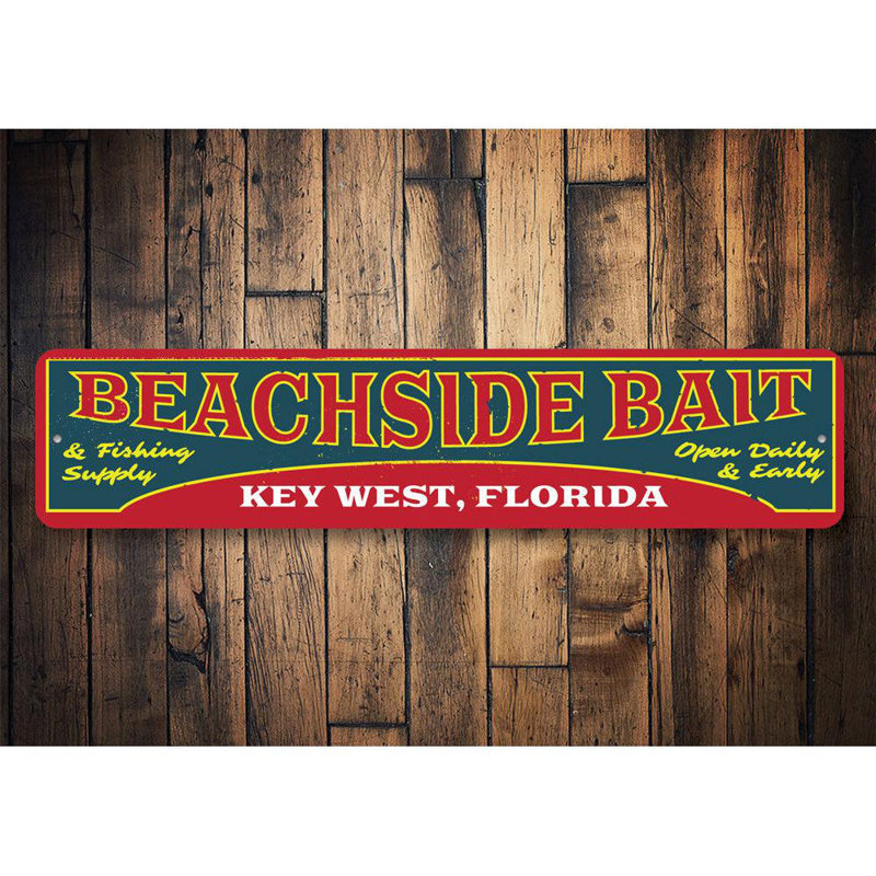 Enseigne en aluminium personnalisée Beachside Bait, H 6 po x l 24 po x P 0,06 po