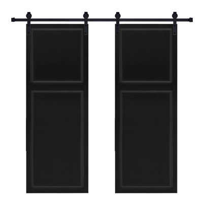 Double 2 panneaux modernes de 96 po x 50 po Porte de grange coulissante en bois de noyer noir avec ensemble de quincaillerie