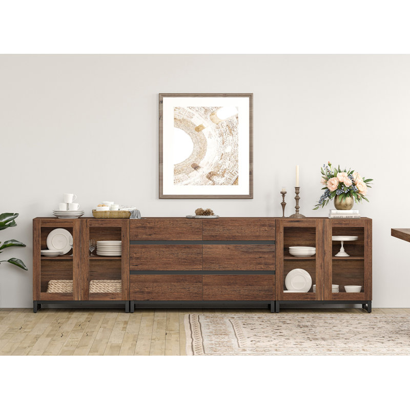3 In 1 Multifunctional Sideboard Buffet Cabinets With Glass Doors And 6 Drawers, Modern Sideboard Credenza With Adjustable Shelf And Metal Base, Coffee Bar Cabinet Storage Cabinet