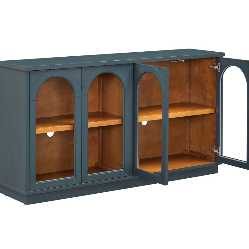 Buffet de rangement bleu marine. 4 portes avec tablettes réglables pour le salon. Conception et fabrication élégantes. Grande armoire à trou de câble - bleu marine. Buffet repas. Tablettes,