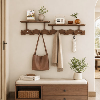 Portemanteau mural en bois massif de 28,35 po de largeur avec tablette et crochets