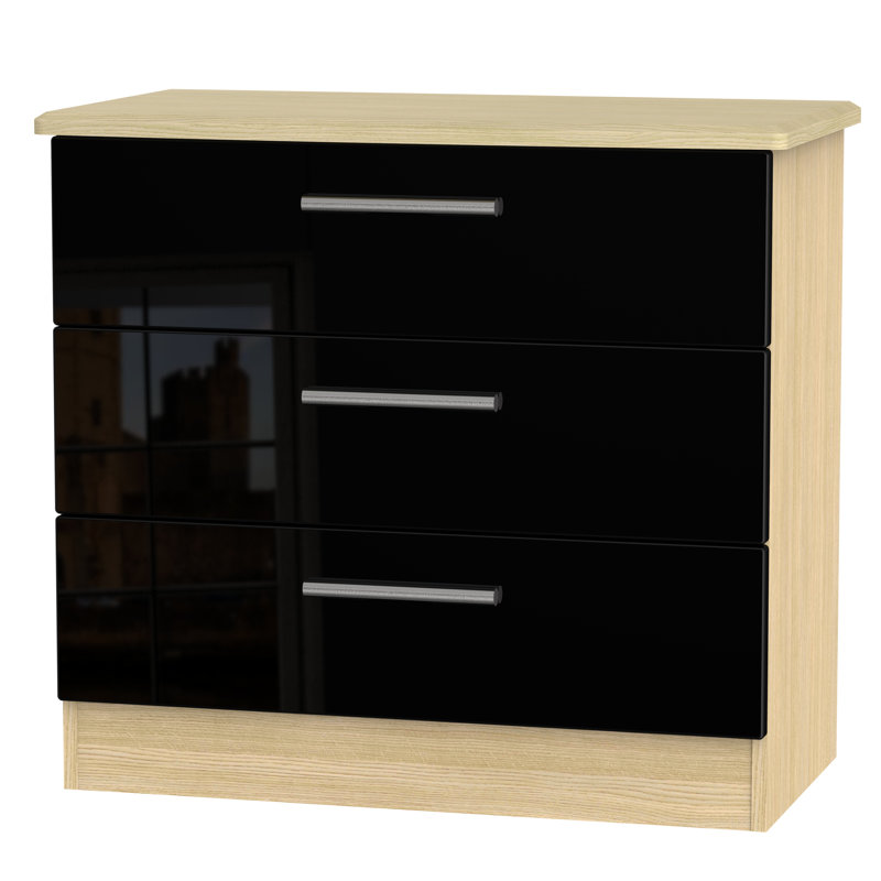 Fully Assembled Yvette 3 Drawer Chest, Oak/Black
