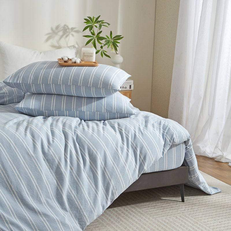 Ensemble de housse de couette à rayures 100% coton délavé 3 pièces, Housse de couette très grand et 2 taies d'oreille