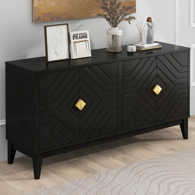 Buffet de 60 po de largeur avec tablettes réglables et 4 portes, armoire buffet avec rangement pour salle à manger, cuisine et salon, noir