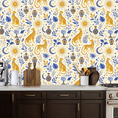 Peel and Stick Wallpaper Celestial Jungle Golden Leopards Stars Sun Moon Blue Botanical Contact Paper Removable Self Adhesive Wall Mural Wall Decor for Bedroom Kitchen Cabinets 24in x 118in