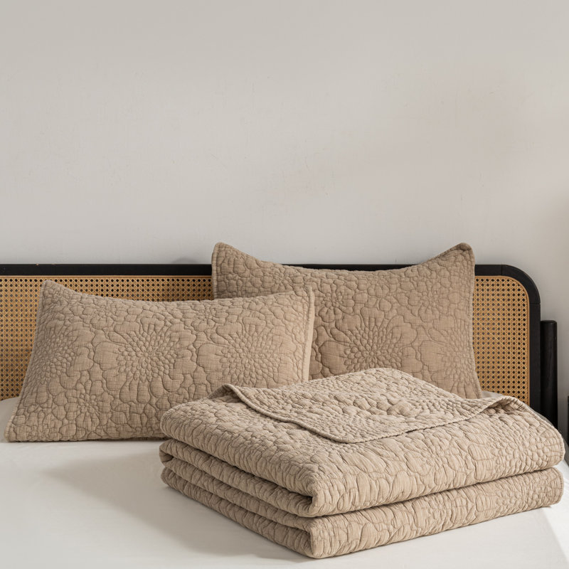 Ensemble de courtepointe réversible 3 pièces en coton délavé à motif floral Stone, Kaki