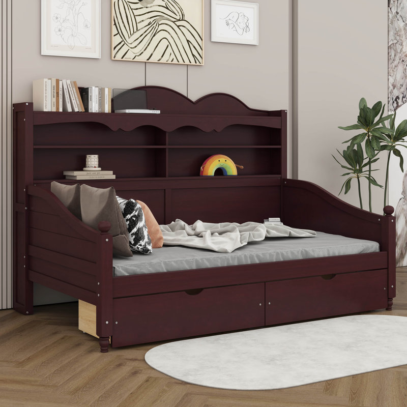 Lit de jour simple avec tiroirs de rangement et étagère de tête de lit, structure de lit de jour rétro en bois, Espresso