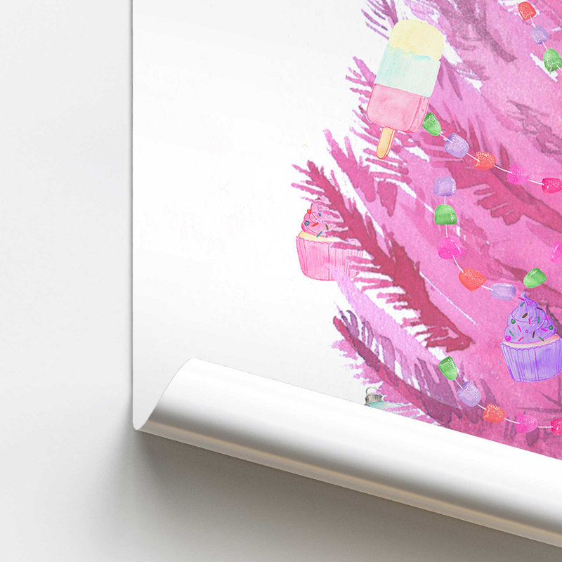 Reproduction d'un arbre de Noël rose ludique dans un cadre, Sans cadre, papier, H 14 po x l 11 po