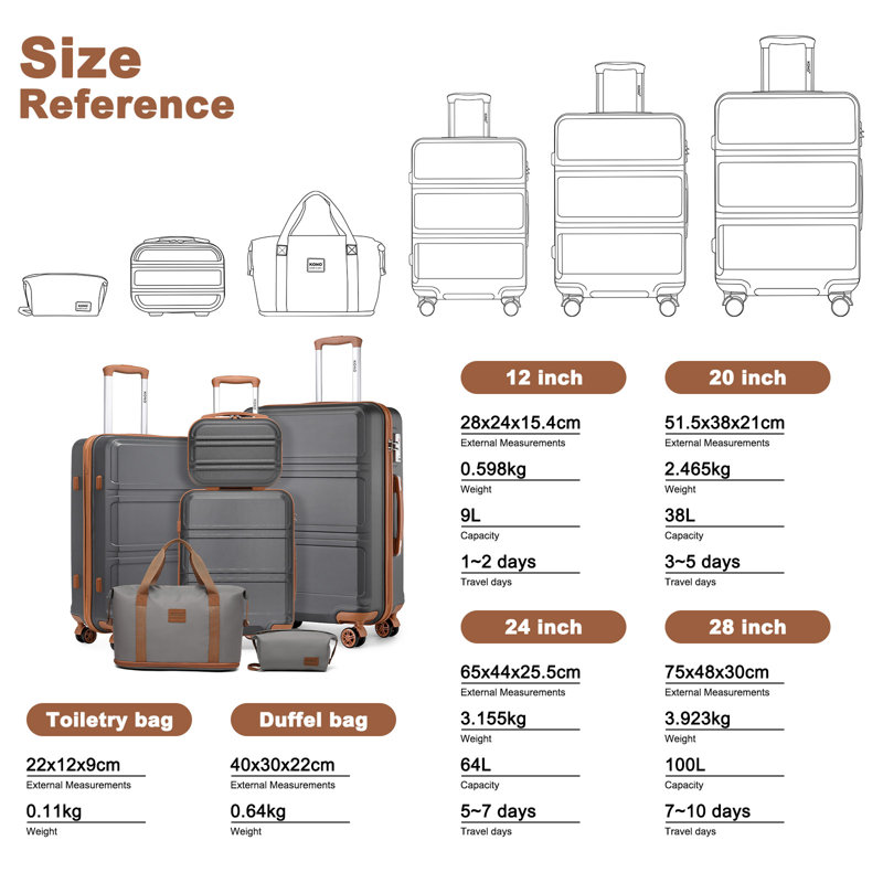 KONO 6-Piece Luggage Set, Lightweight ABS Hardside Spinner Suitcases with Tote & Toiletry Bag, Multiple Colors Available (Black/Grey/Cream White)