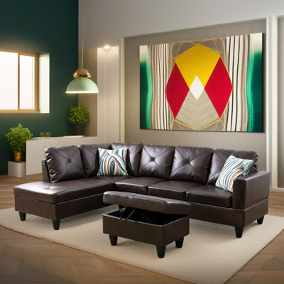 Ensemble de canapé modulaire en cuir 3 pièces avec méridienne et repose-pieds avec rangement Monaco