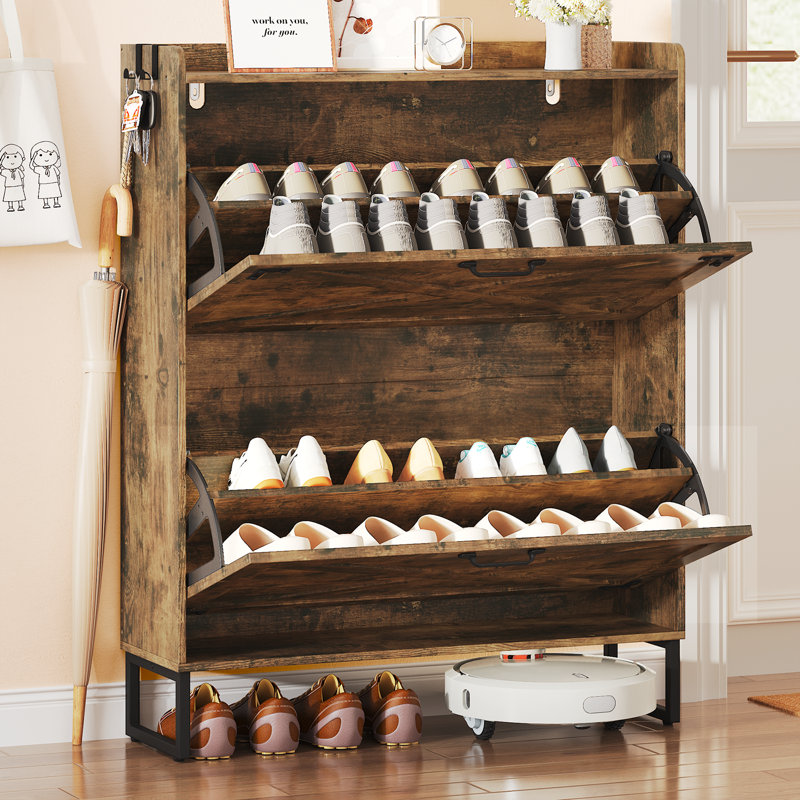 Rustic Farmhouse Shoe Cabinet with 2 Flip Drawers, Back Panel, Removable Shelves, and 2 Movable Hooks, Adjustable Metal Feet for a Stylish Entryway Organizer,Brown