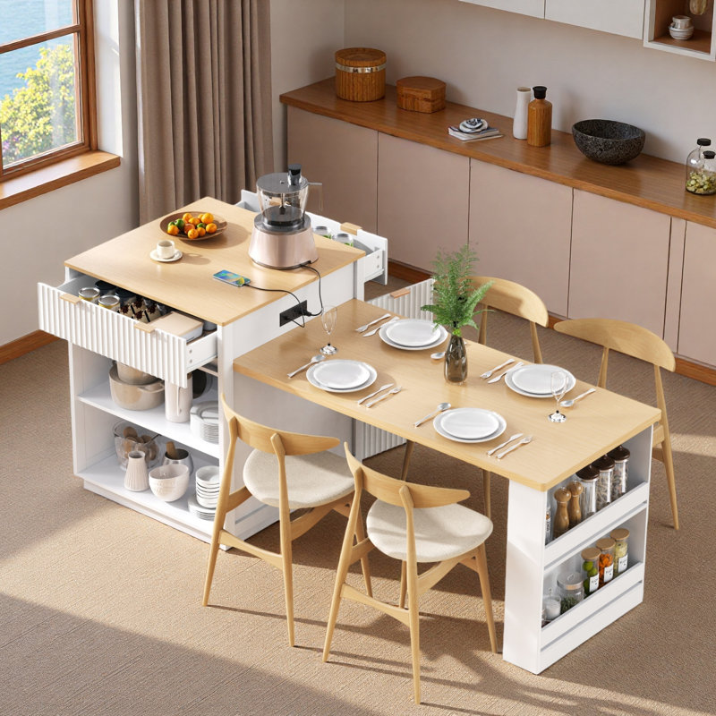 Fluted Kitchen Island With Extendable Dining Table, Power Outlet,  Double-side Storage, 2 Drawers And 2 Side Open Shelves