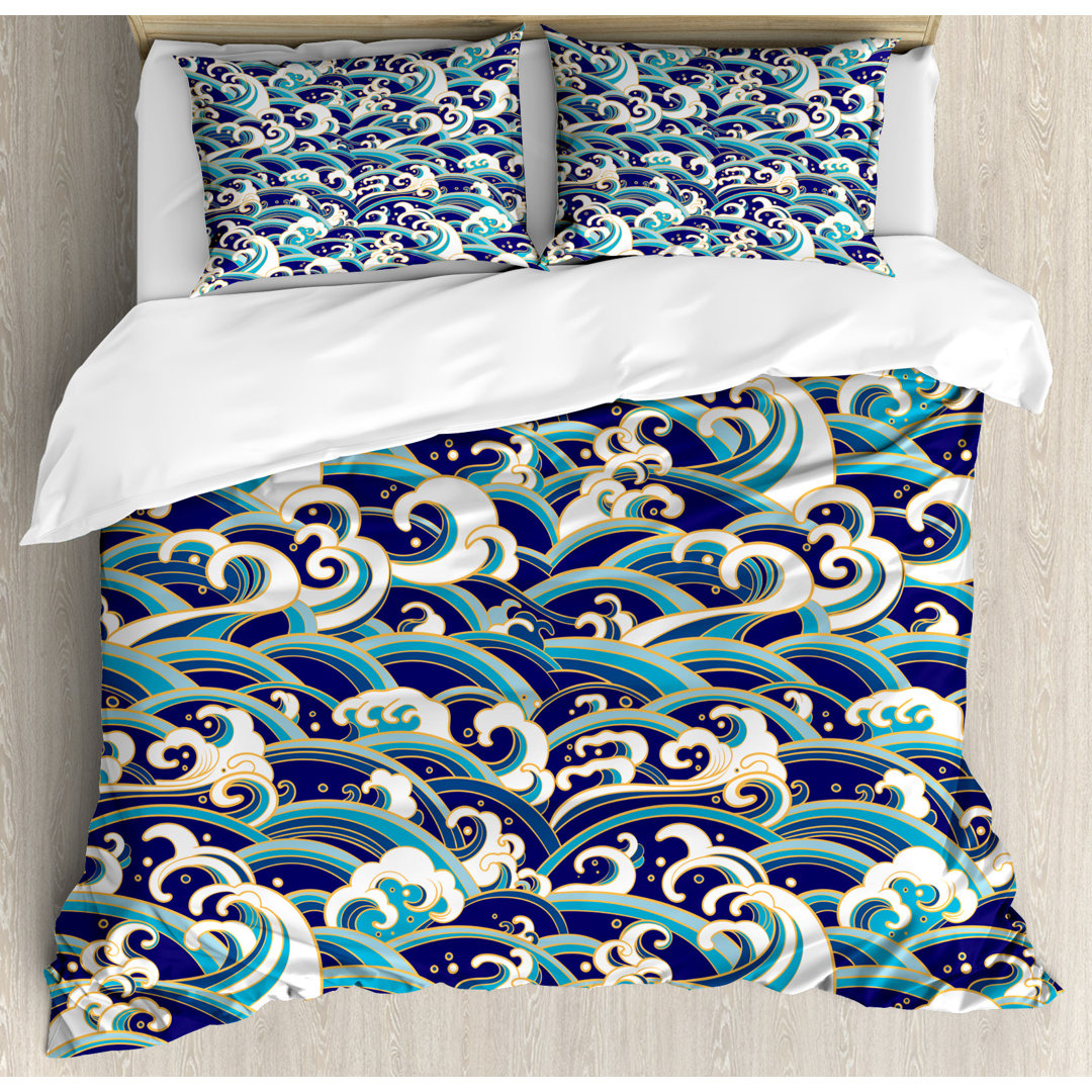 Nautical Traditional Oriental Style Ocean Waves Pattern with Foam and Splashes Print Duvet Cover Set Ambesonne 